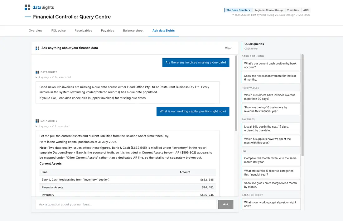 Financial Controller Query Centre built on the dataSights MCP, answering working capital and invoice due date questions across a two-entity Xero consolidation, with mapping issues identified and reclassified in the answer.