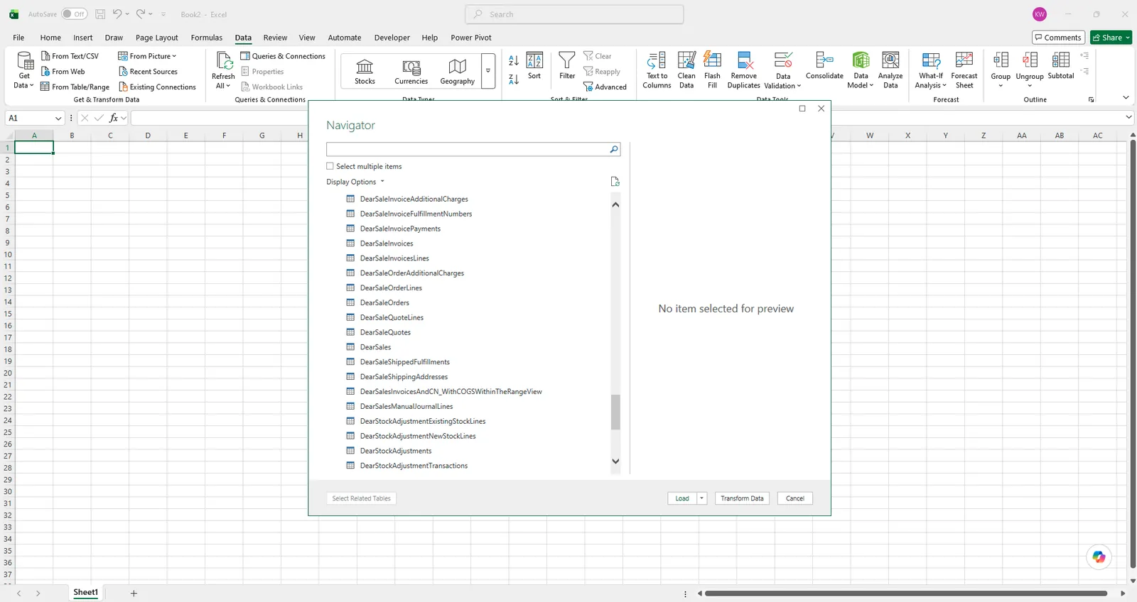 Excel Power Query Navigator showing Cin7 Core sales, stock adjustment and fulfilment tables available directly from a dataSights Azure SQL database.