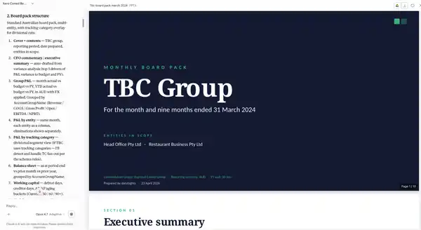 Monthly board pack auto-drafted by Claude from consolidated Xero data