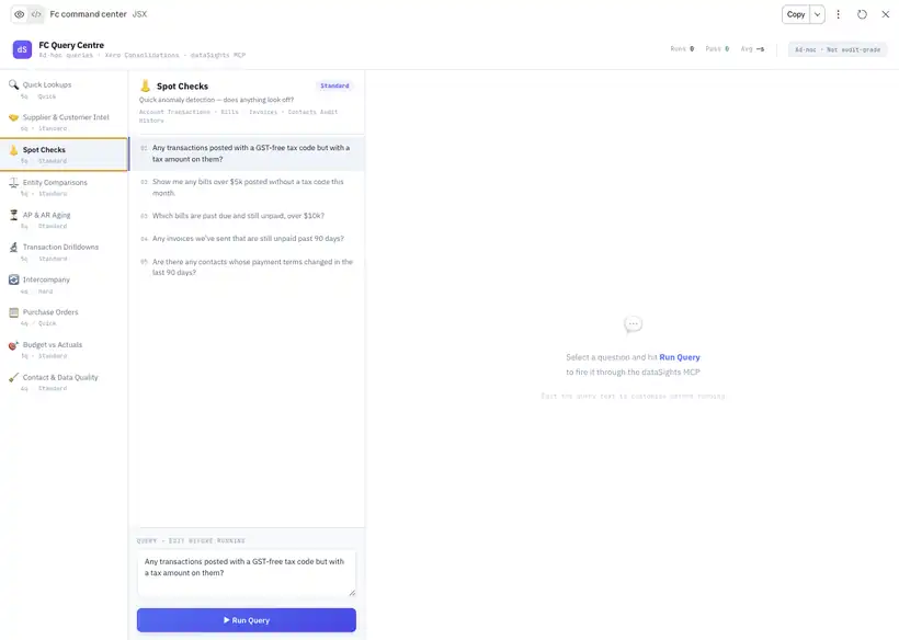 dataSights FC Query Centre ad-hoc queries in Claude