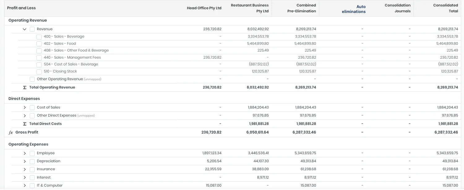 Consolidated profit and loss in dataSights with a column per Xero entity, a combined pre-elimination column, auto-eliminations, consolidation journals and a consolidated total